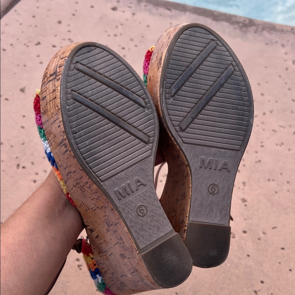 MIA Rainbow Crochet Cork Wedge Sandals - Picture 7 of 10